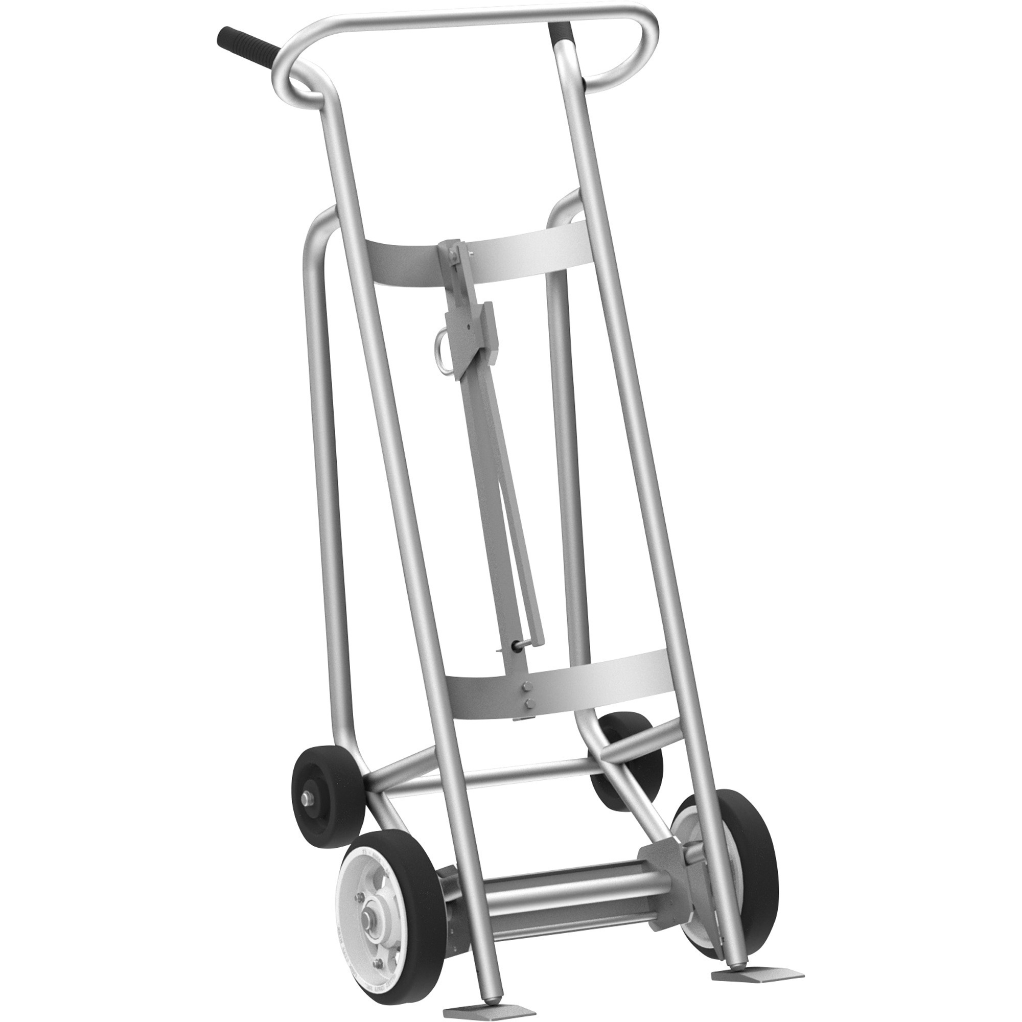 Valley Craft 4-Wheel Drum Hand Truck, Aluminum, (2) Solid Rubber Wheels, (2) Rear Poly, Hand Brake, 1000-Lb. Capacity, Standard Chime Hook for Steel/Plastic/Fiber Drums, Model# F83210A7